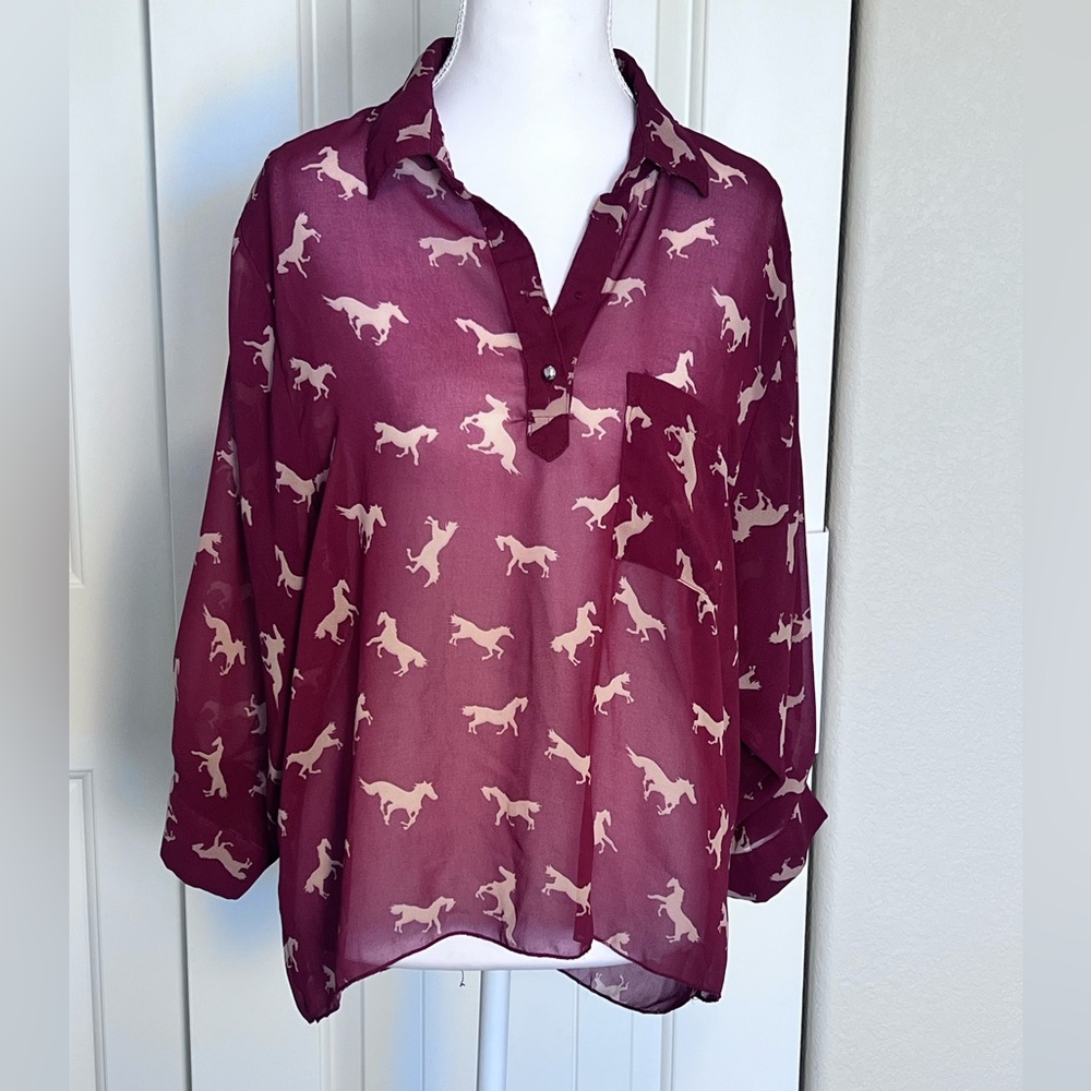 Excuse Me Miss Burgundy Horse Print Sheer Long Sleeve Button Down Top Sz Large
